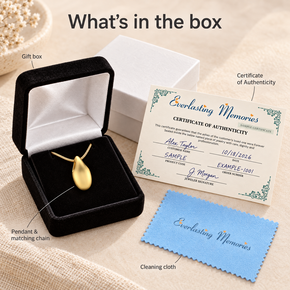 Gold Plated Simple Tear Forever Sealed Cremation Jewelry — whats in box — evr6460gfs