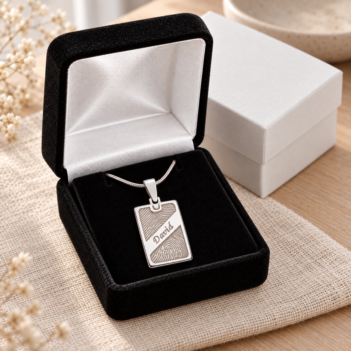 Sterling Silver Memorial Rectangle Fingerprint Necklace — gift box — evr4834s